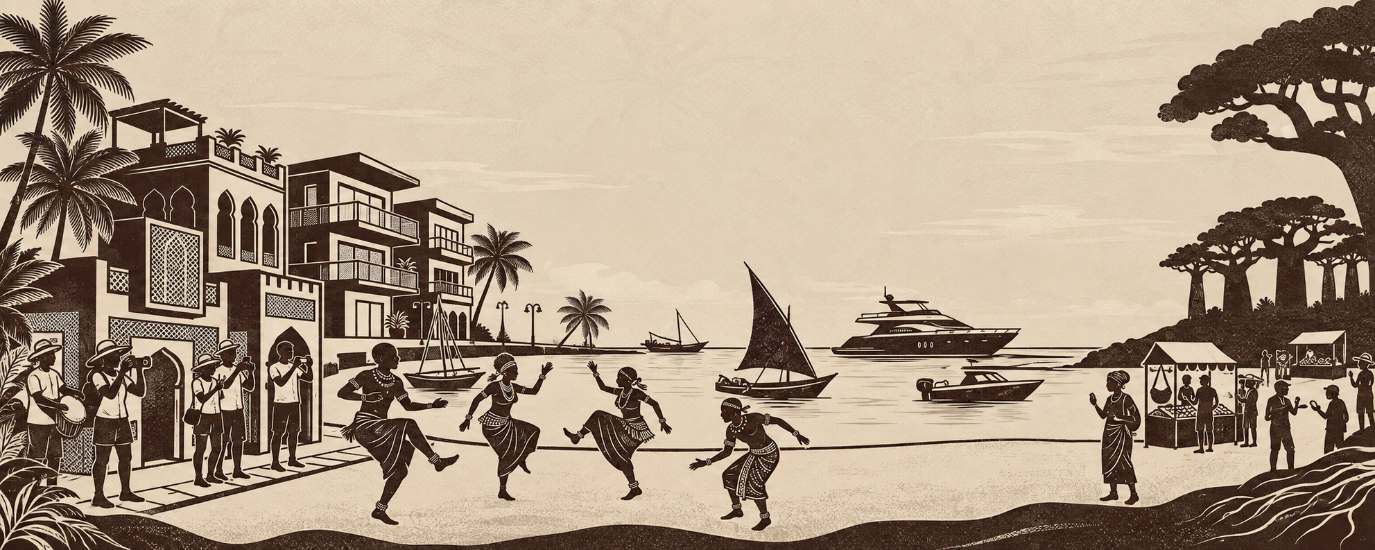 Coastal celebration with dancers, dhows, and Fort Jesus waterfront